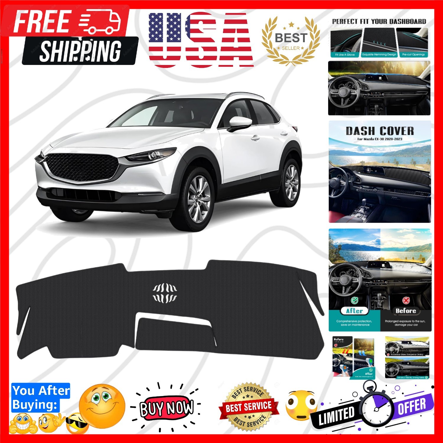 Dash Cover for 2020-2026 Mazda CX-30 CX30Without HUD, Dashboard Mat Accessori...