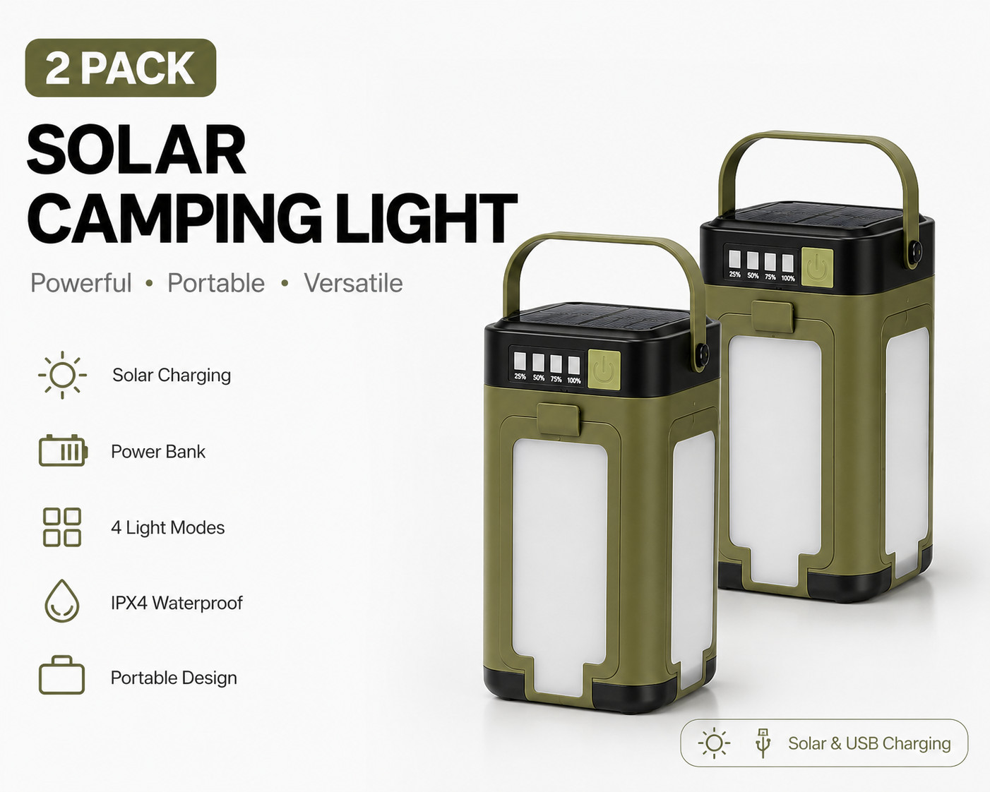 2 PACK Solar Powered Camping Lantern Rechargeable Lamp Waterproof Outdoor Lights