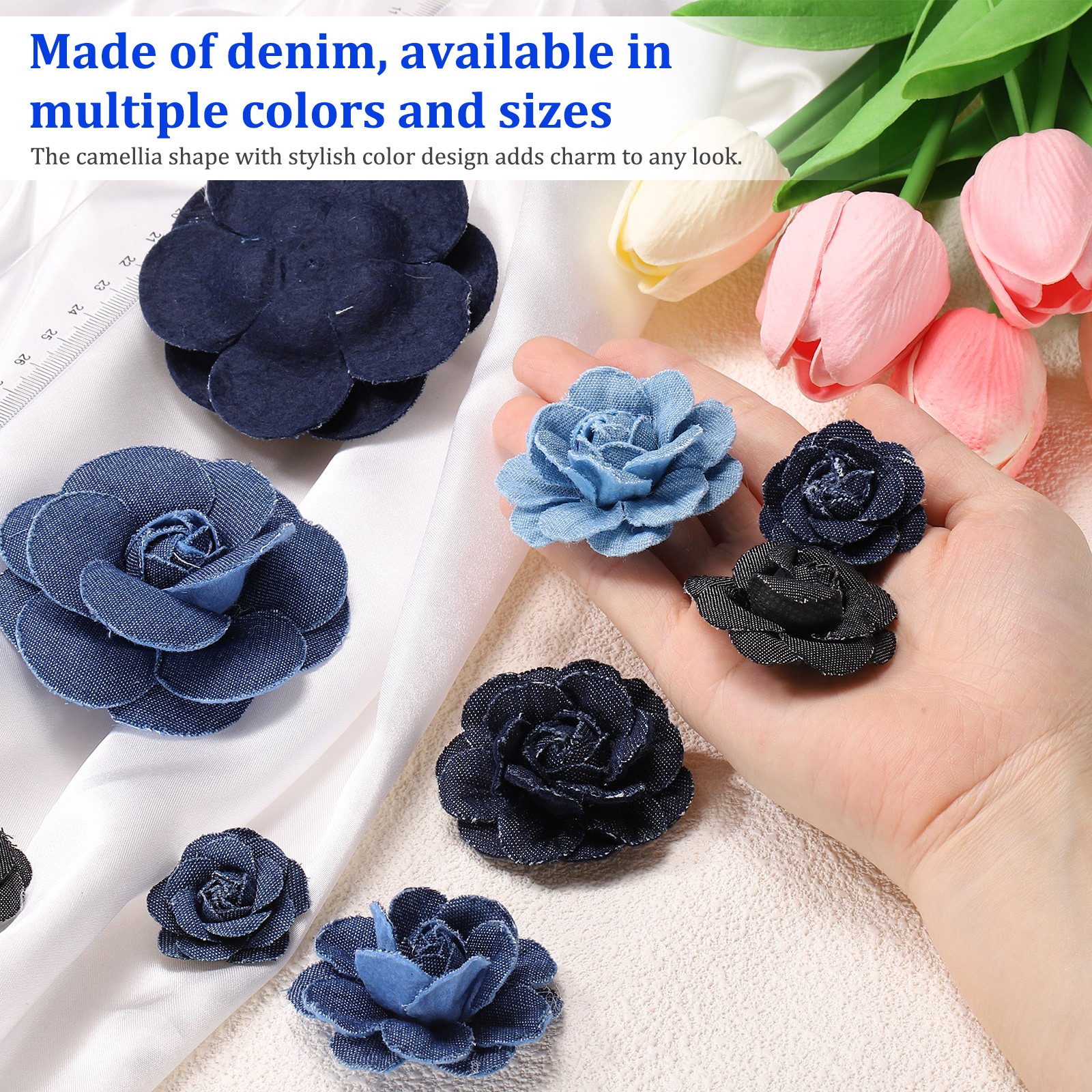 8PCS 4 Sizes Fabric Flower, Denim Cloth Flowers, Blue/Black