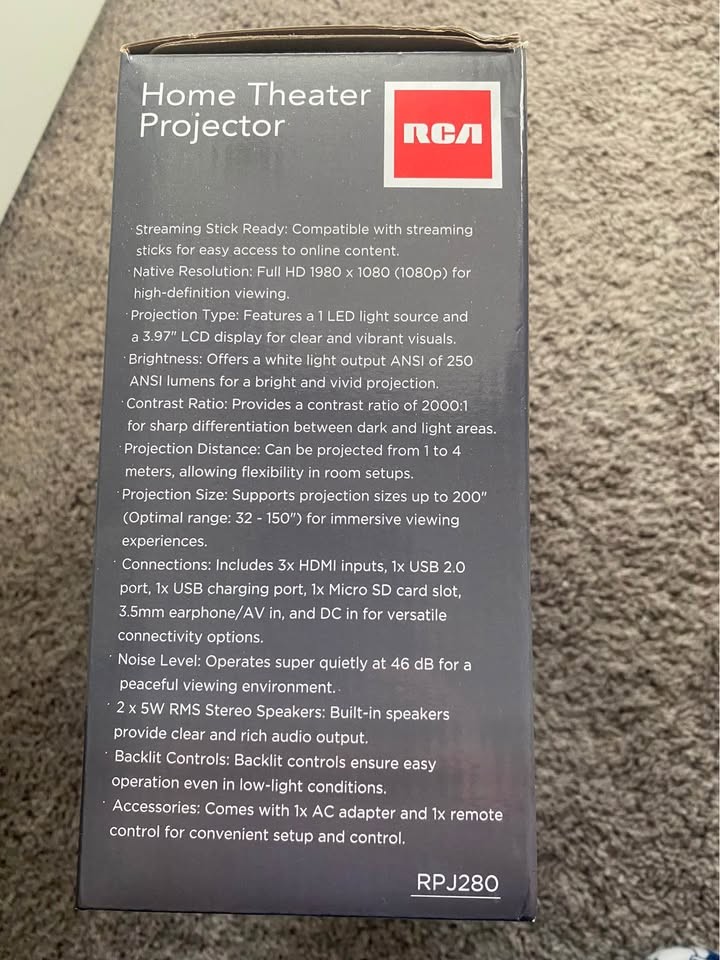 New- RCA RPJ280 1080P Home Theater Projector, Streaming Stick Ready, 32"-200" in