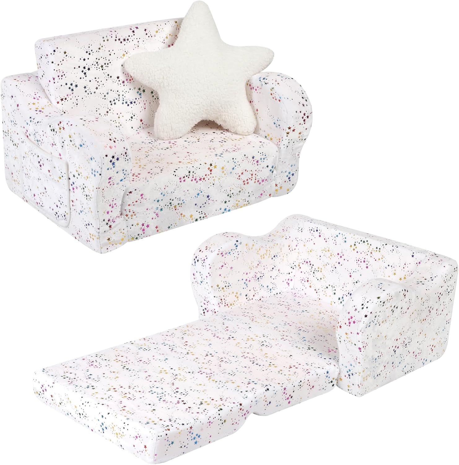 Shiny Star Toddler Couch, 2-In-1 Toddler Soft Couch Fold Out with Star Pillow, C