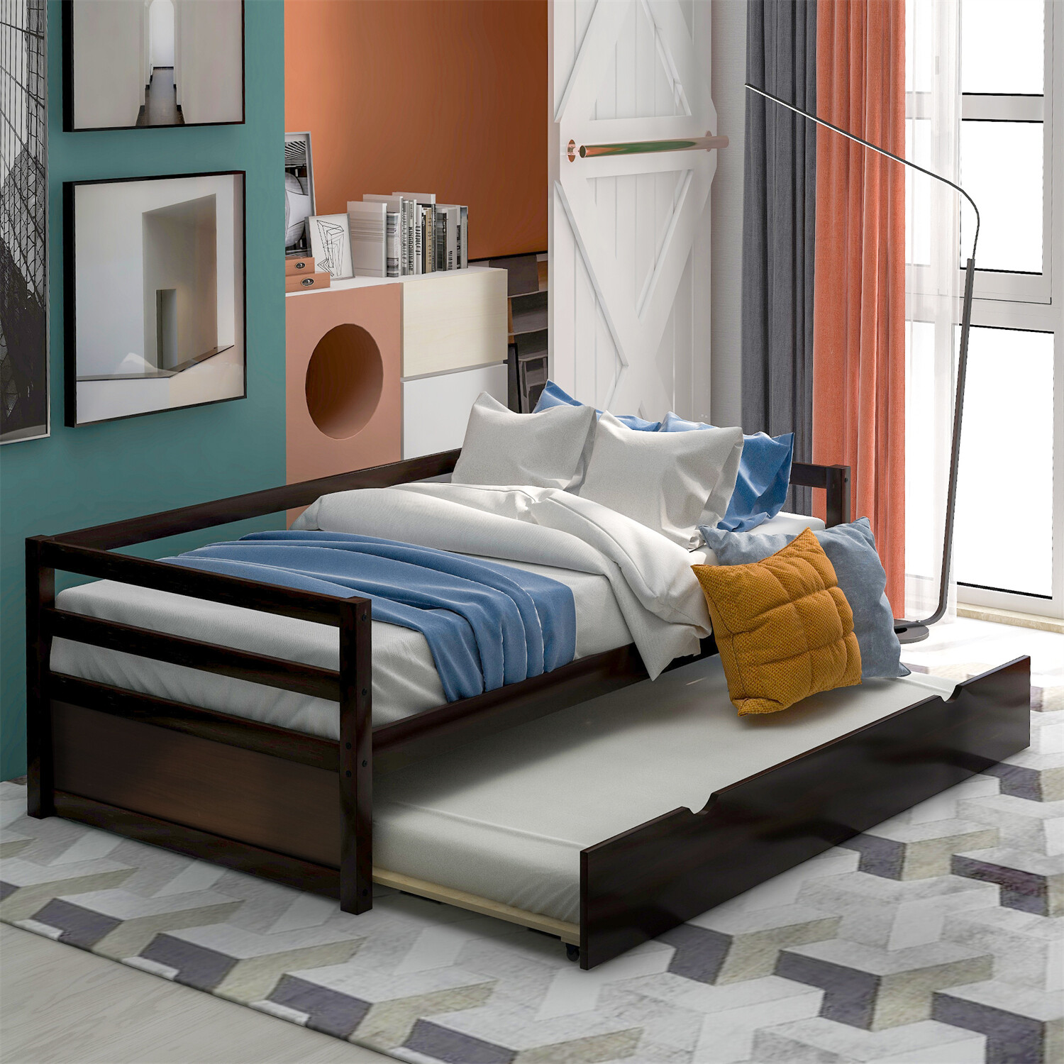 Twin Size Daybed w/ Trundle Platform Bed Frame with Wooden Slat Support Espresso