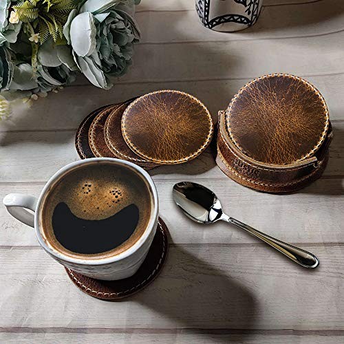 Leather Coasters for Drinks - Cup Coasters Coffee Table Kitchen Table Brown