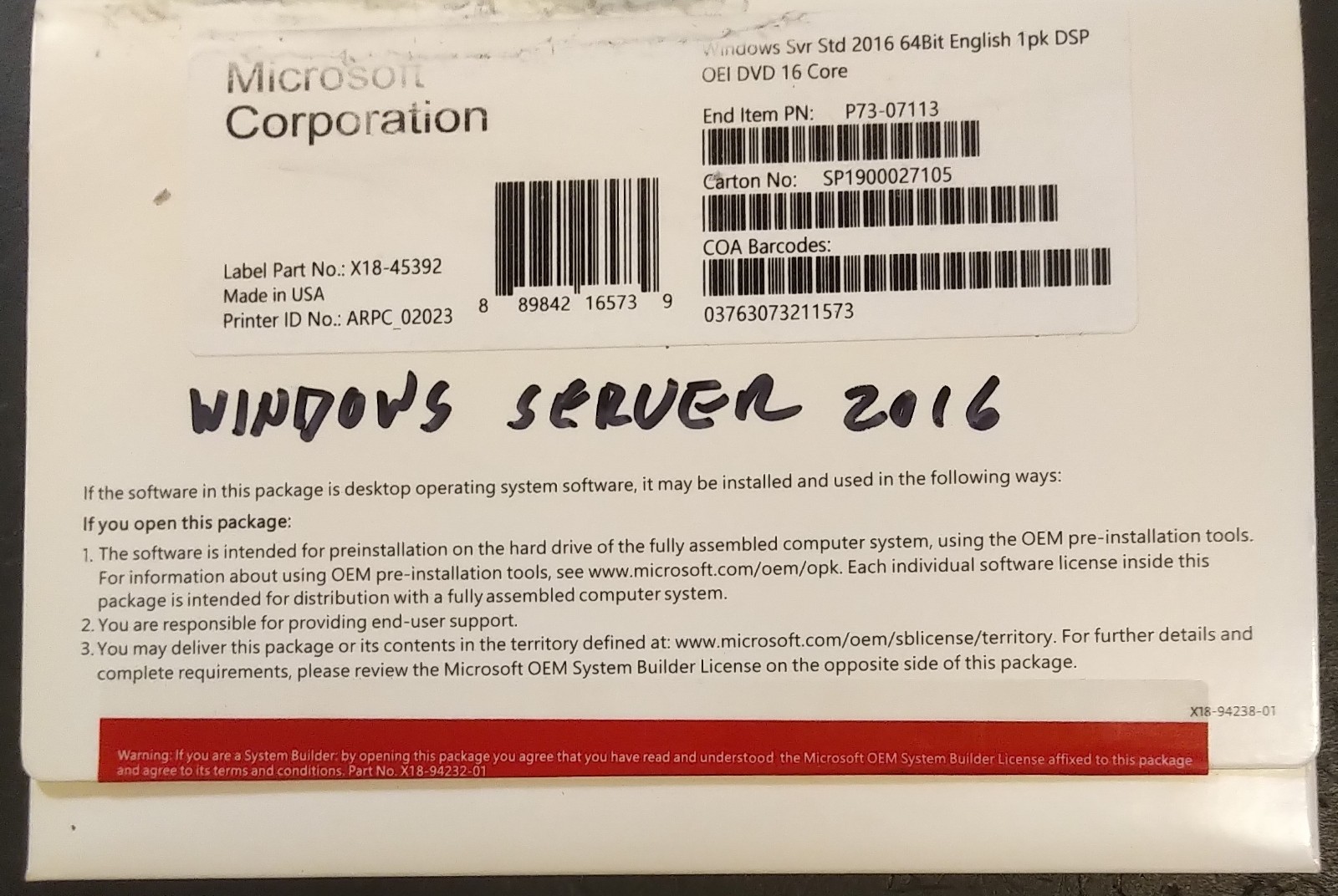 Microsoft Windows Server 2016 Standard 64Bit 16 Core DVD+Activation Key (used)