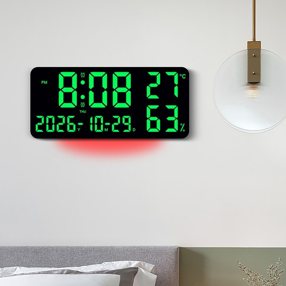 LED Wall Clock with RGB Light Effects Temperature Date Week Dual Alarm