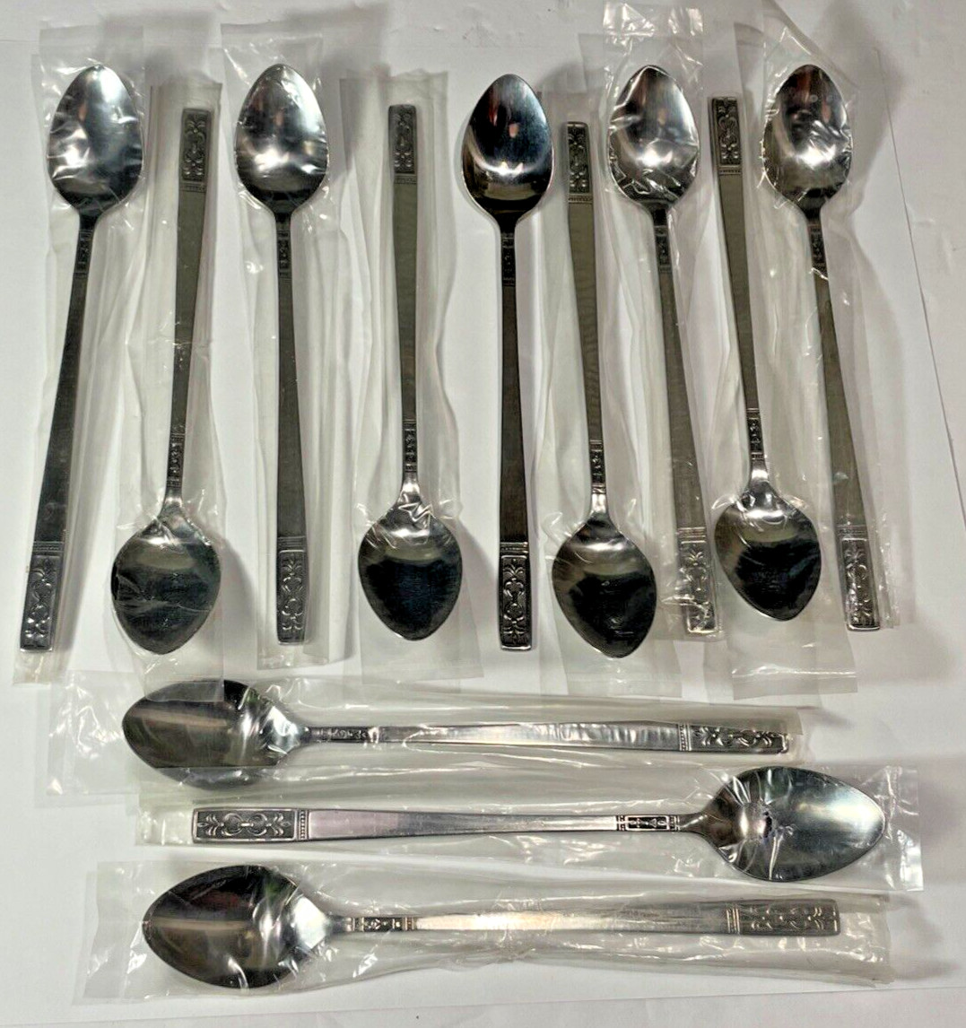 12 Customcraft Stainless Flatware Iced Tea Spoons MCM Discont. Fleur de Lis NEW