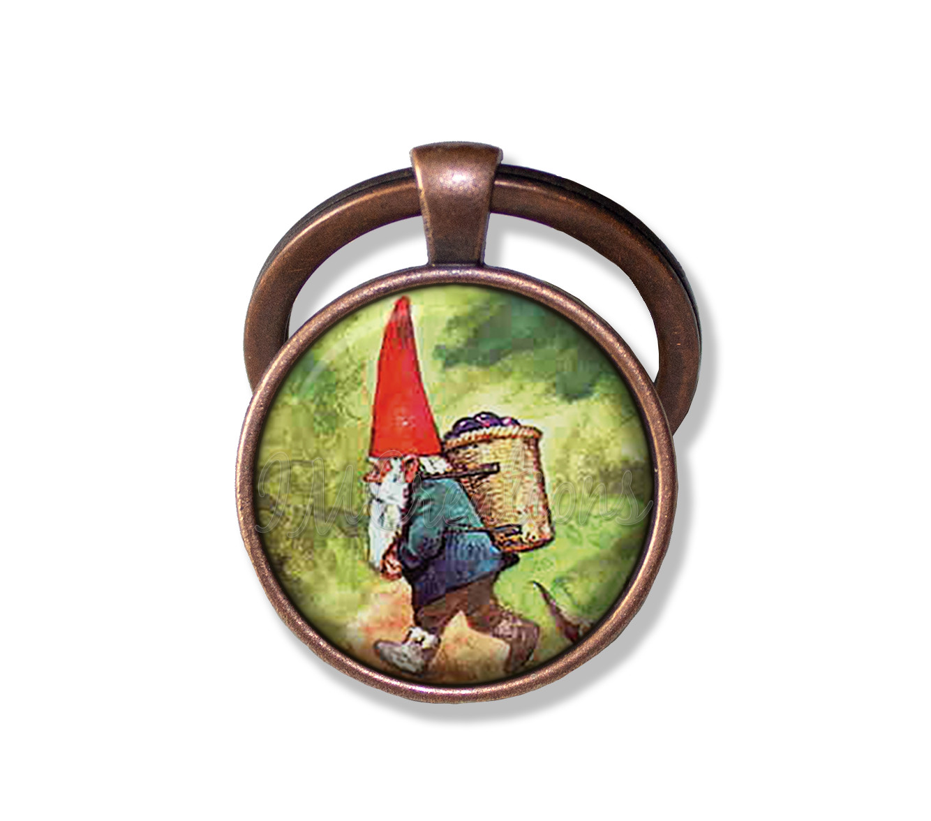 Gnome in the Garden Fairy Tales Fantasy Handmade ROUND Pendant Keychain KEY RING