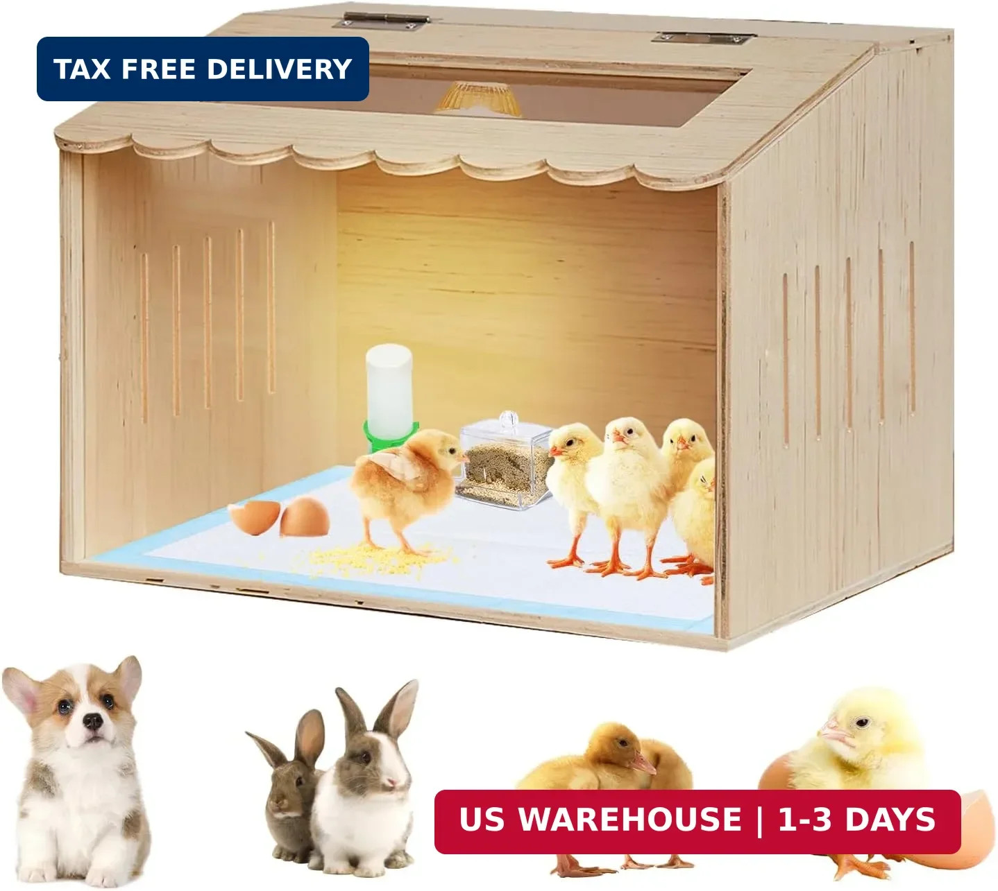 Wooden Chicken Brooder Box Kit with Heating Lamp, Thermometer, Food & Water Feed