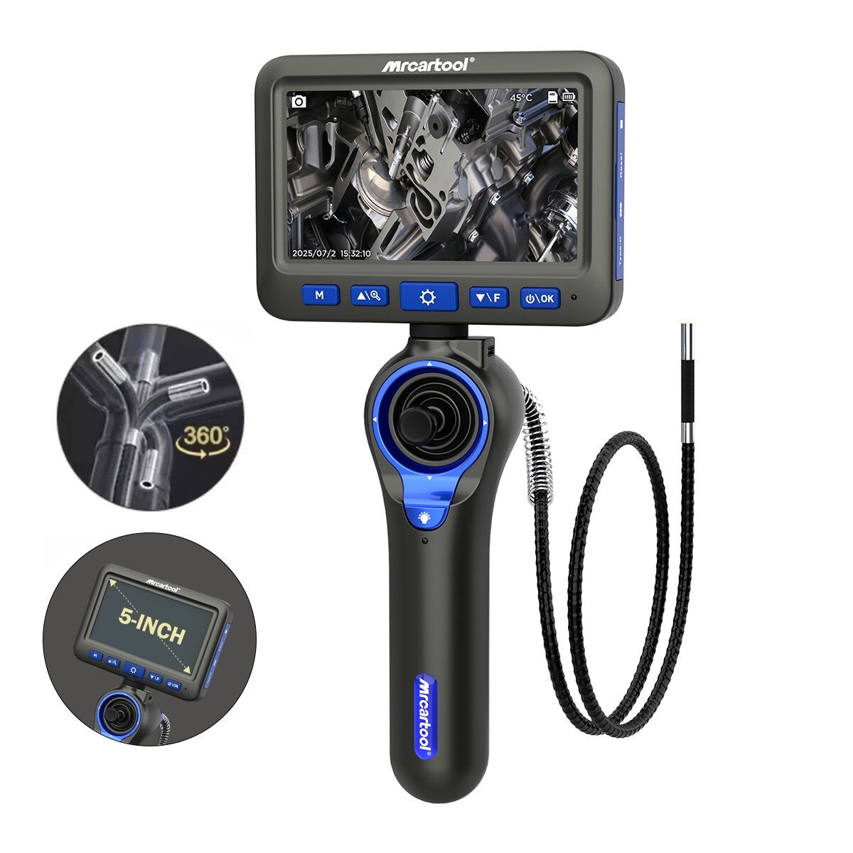 Endoscope 4-way 360° Articulating Borescope Camera 5-inch HD Screen 6 LED Light