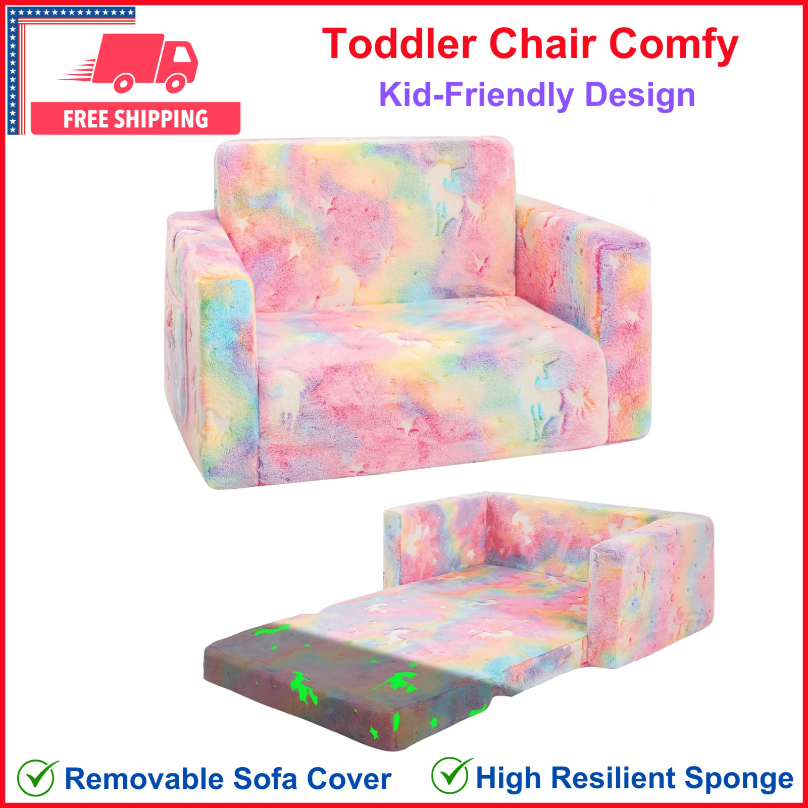 2-in-1 Kids Sofa Convertible Couch with Armrests Pink Baby Toddler Chair Unicorn