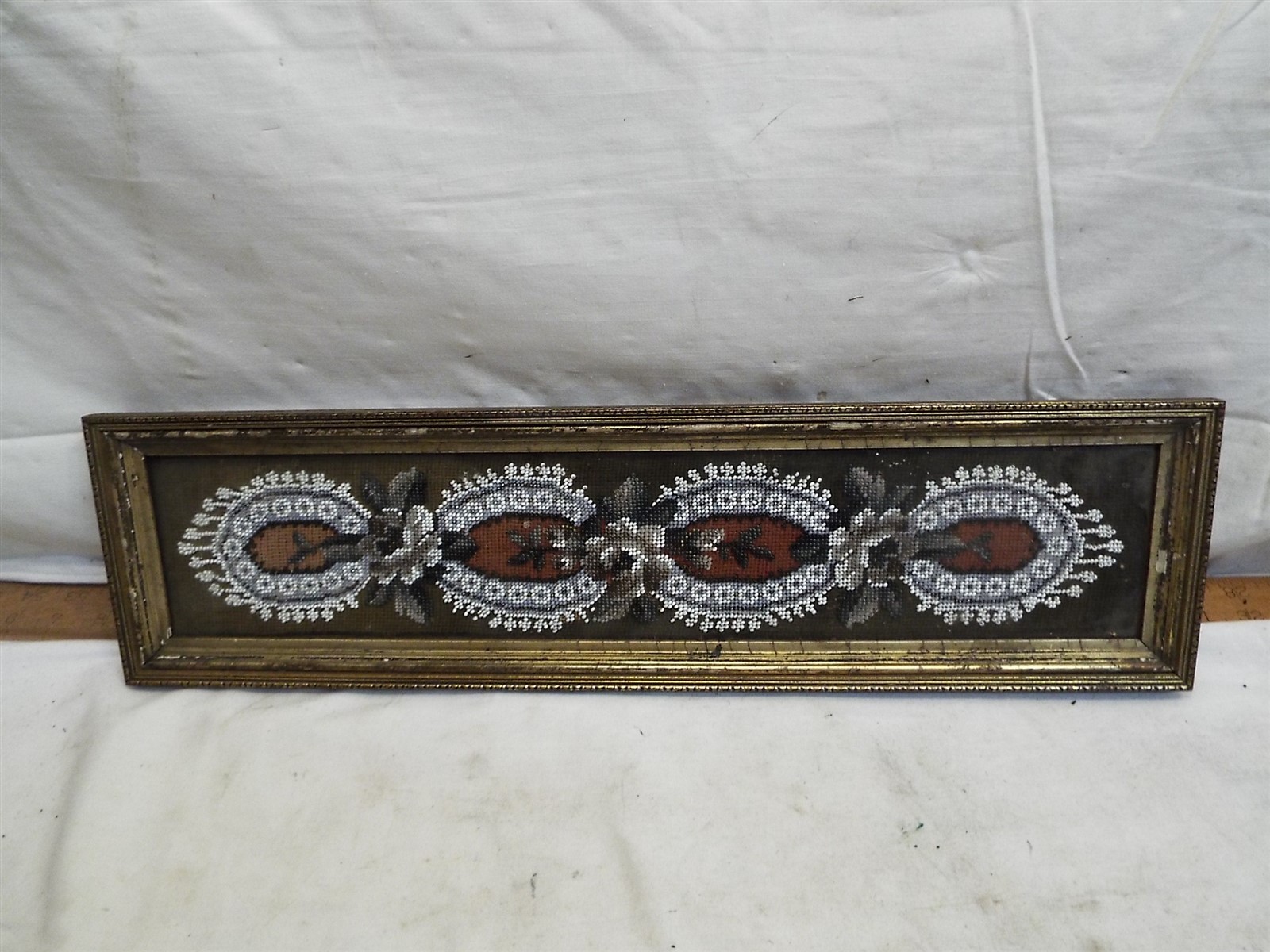Victorian Beaded Ornate Framed Floral Needlepoint Embroidery Seed Bead Flower