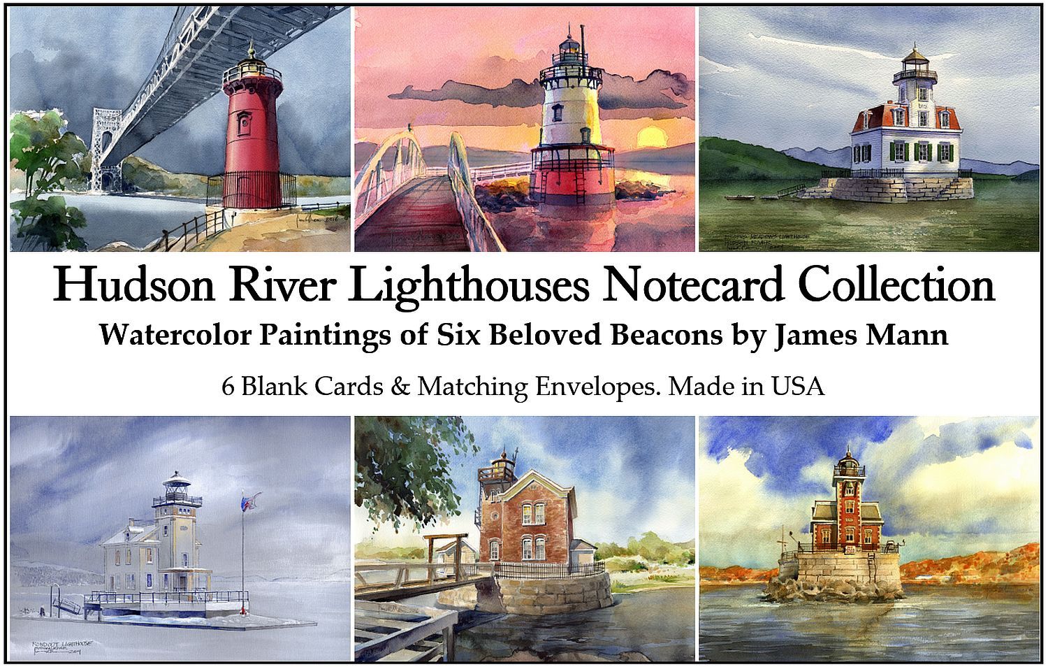 Hudson River Lighthouses Notecard Set. James Mann watercolors of 6 NY lights