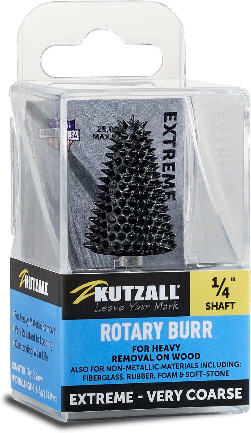 Kutzall Extreme Taper Rotary Burr, 1⁄4" Shaft, Very Coarse - Wood Carving Bit