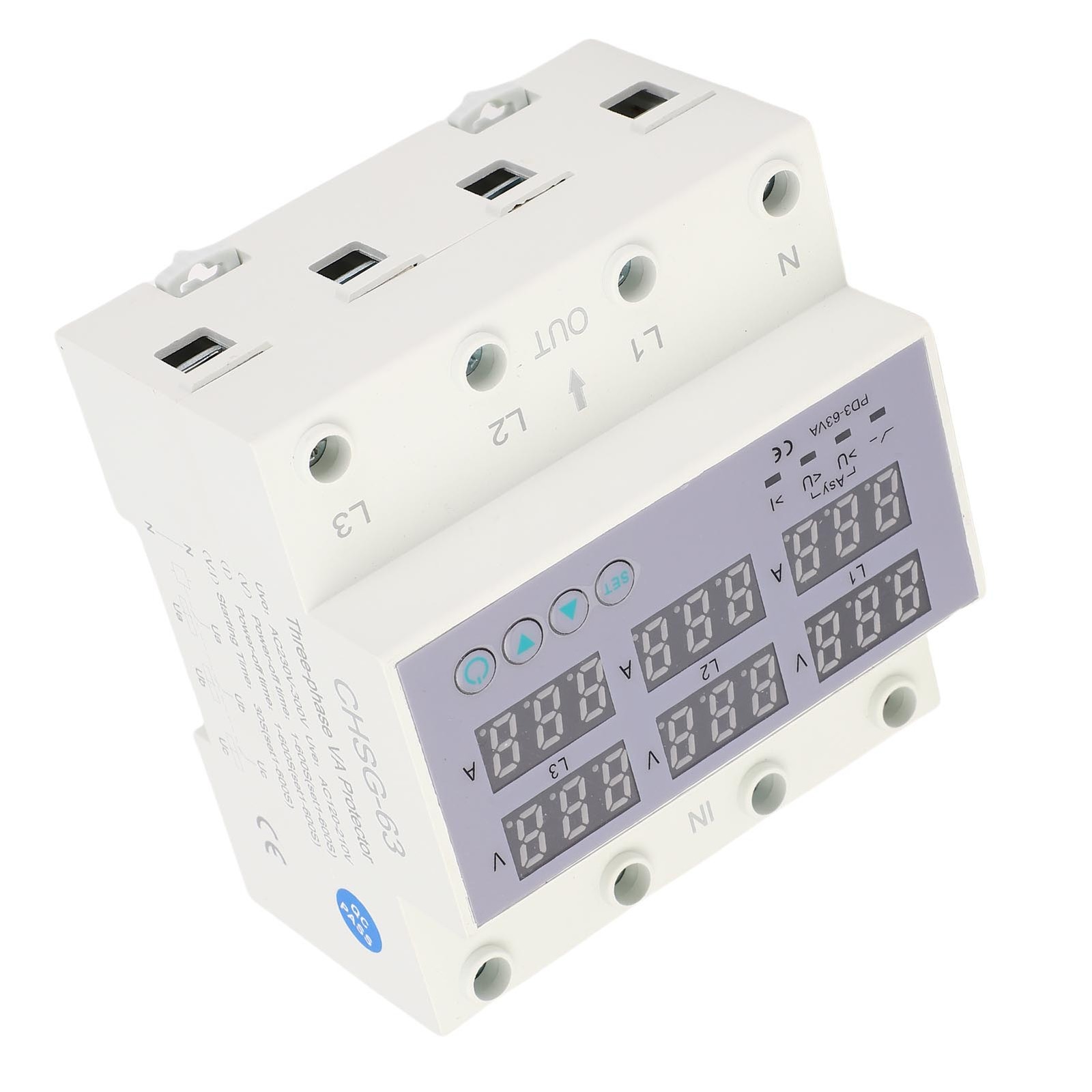 63A 3 Phase DIN Rail Voltmeter Ammeter Auto Overvoltage Overcurrent Protector AC