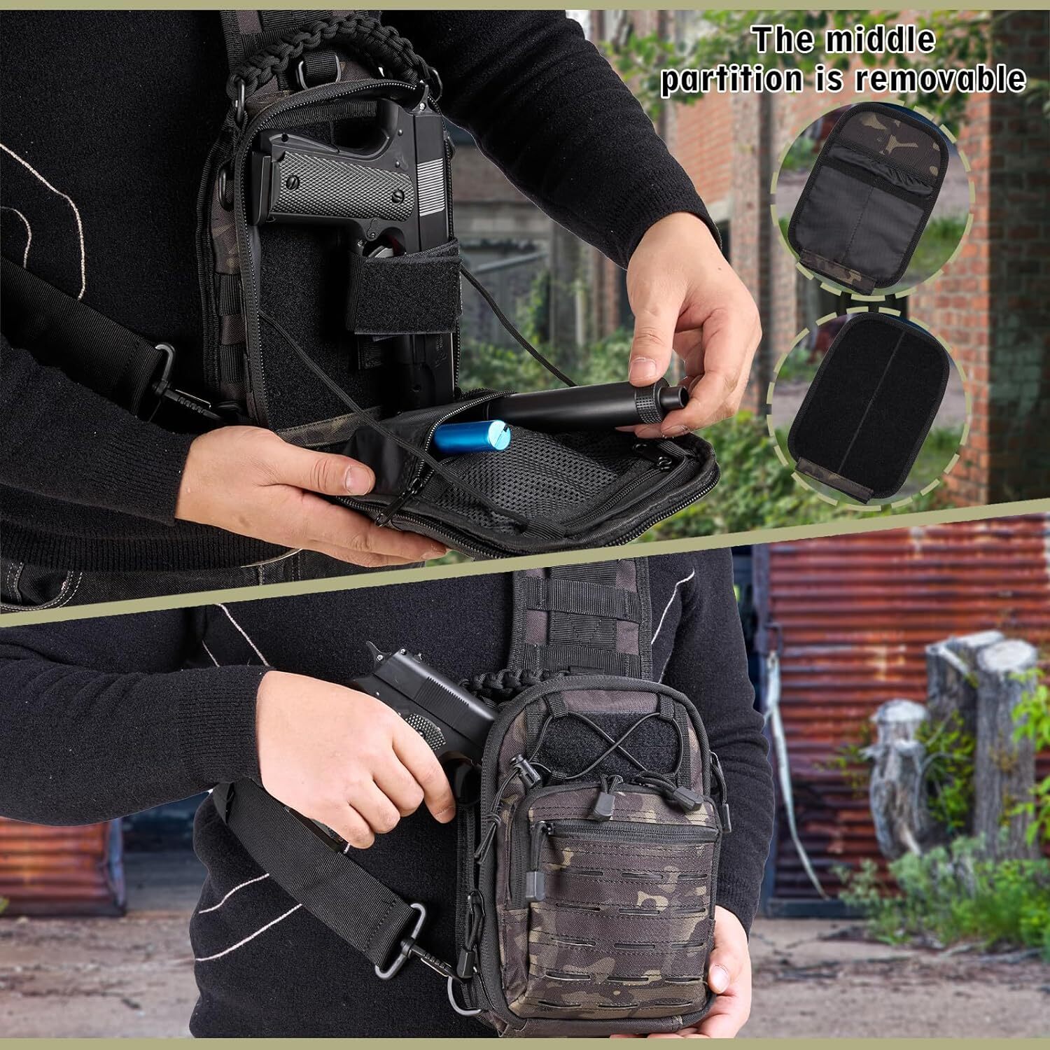 Tactical Compact Concealed Carry Sling Bag Cut Molle Pistol Holster EDC Single