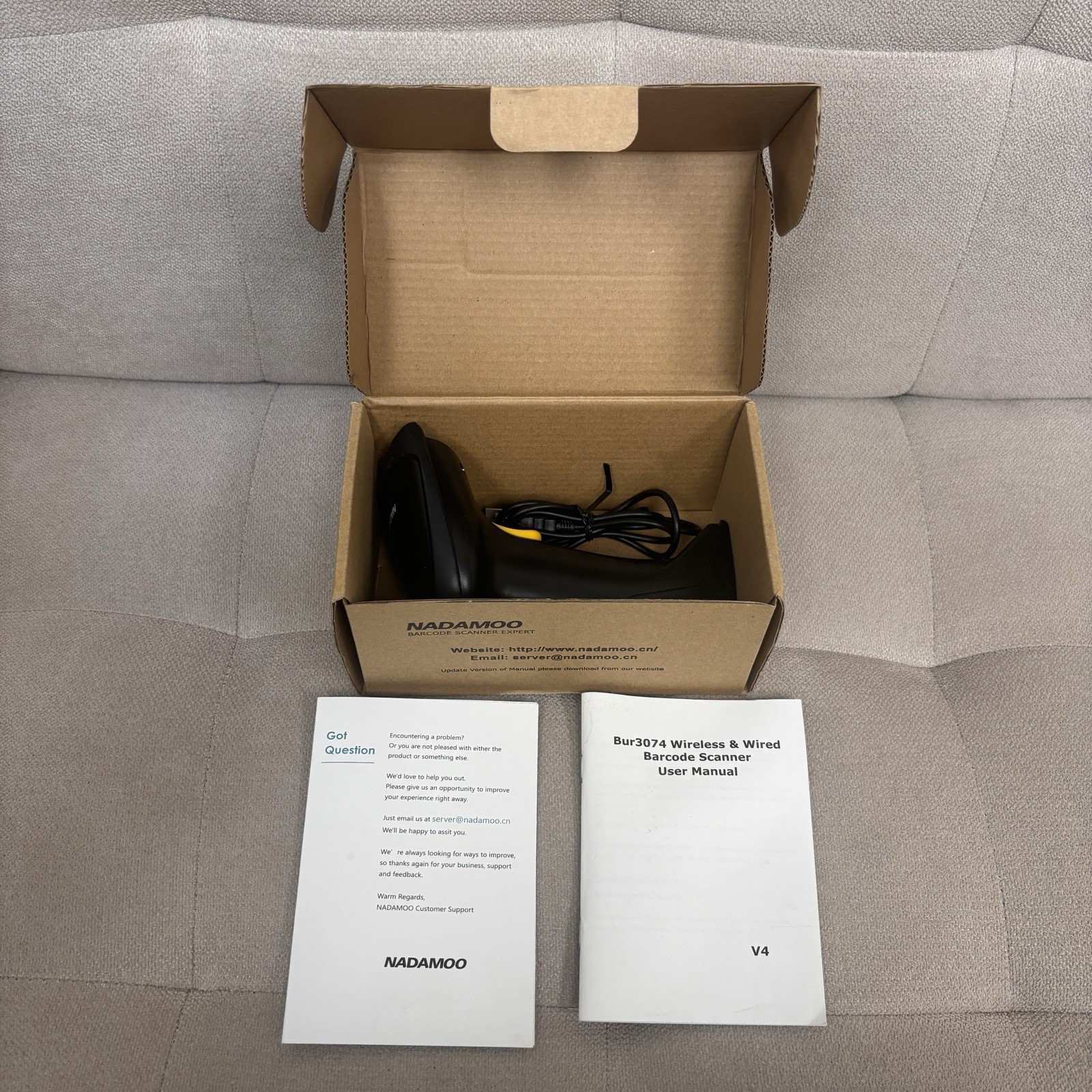 NADAMOO BUR3074 Wireless Barcode Scanner USB Receiver Cable Box