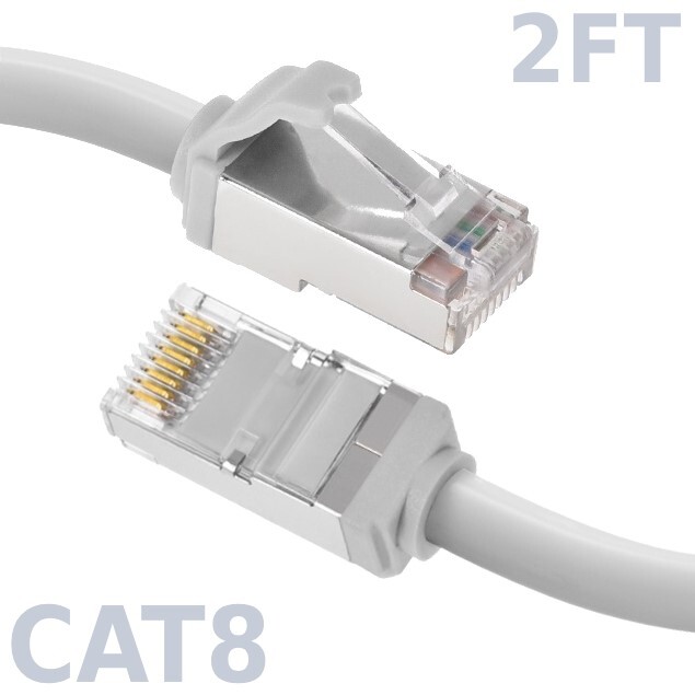 2FT Ethernet LAN Network Cat8 RJ45 S/FTP Cable Shielded Cord 28AWG 2GHz White