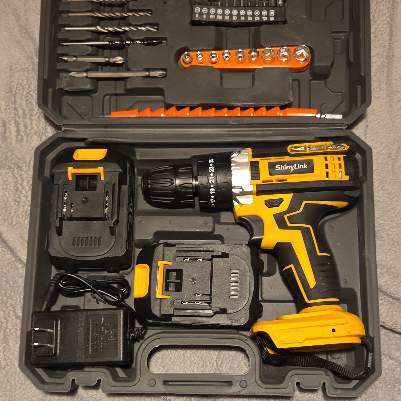 ShinyLink Compact Cordless Drill Set, 2 Batteries, Charger, Bits, Case
