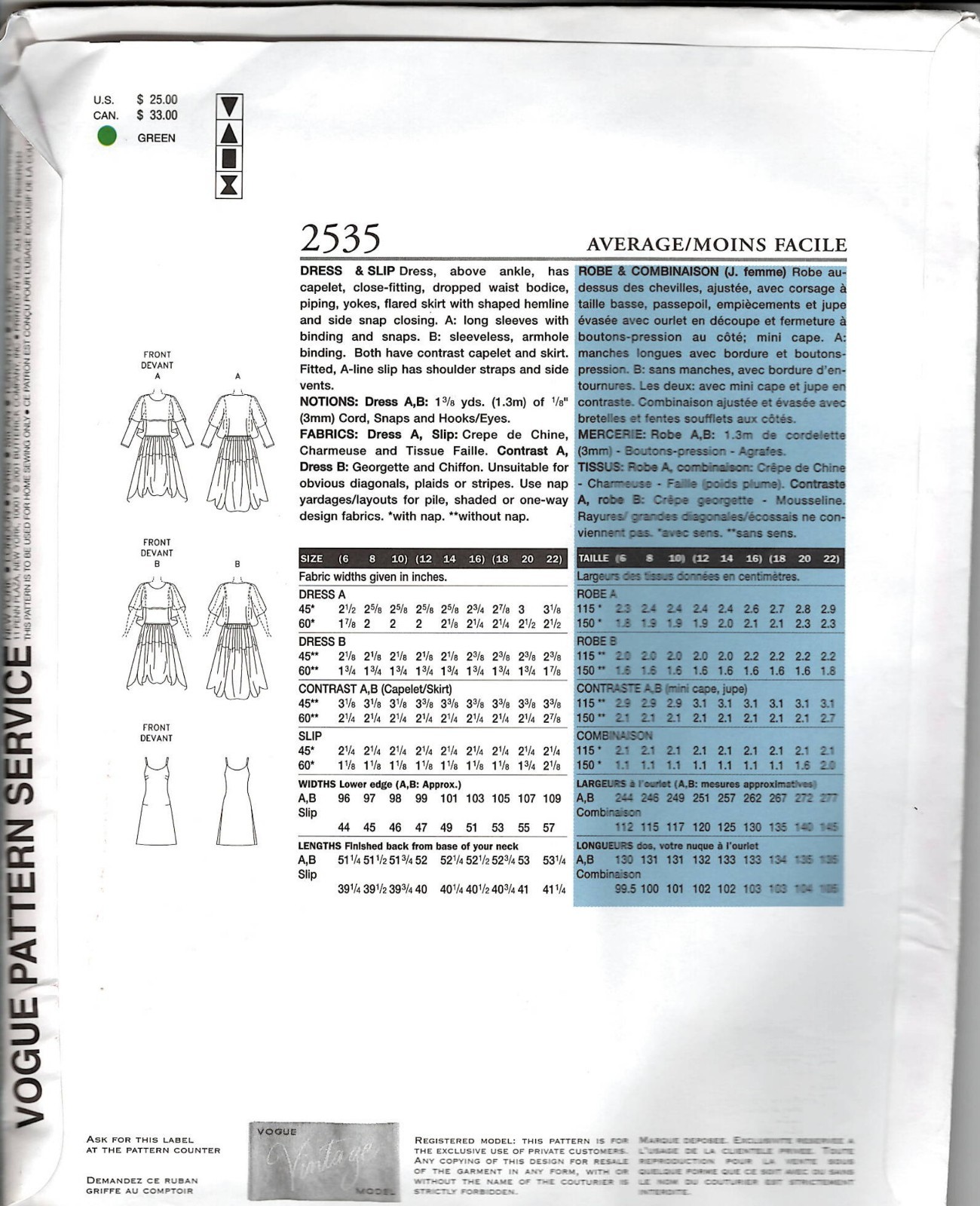 Vogue 2535-Original 1928 Vintage Design Dress-Sewing Pattern