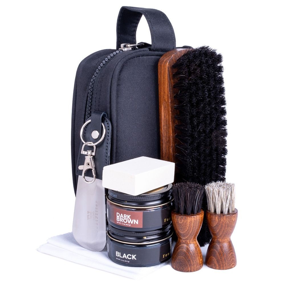 FootFitter Travel Shoe Shine Kit Horsehair Brushes Shoe Creams Black Dark Brown