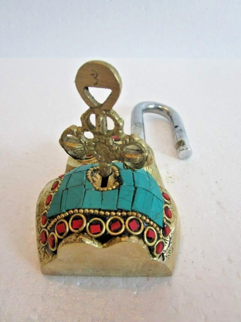 Handmade Working Functional Owl Shape Brass Padlock with Keys With Color Stone