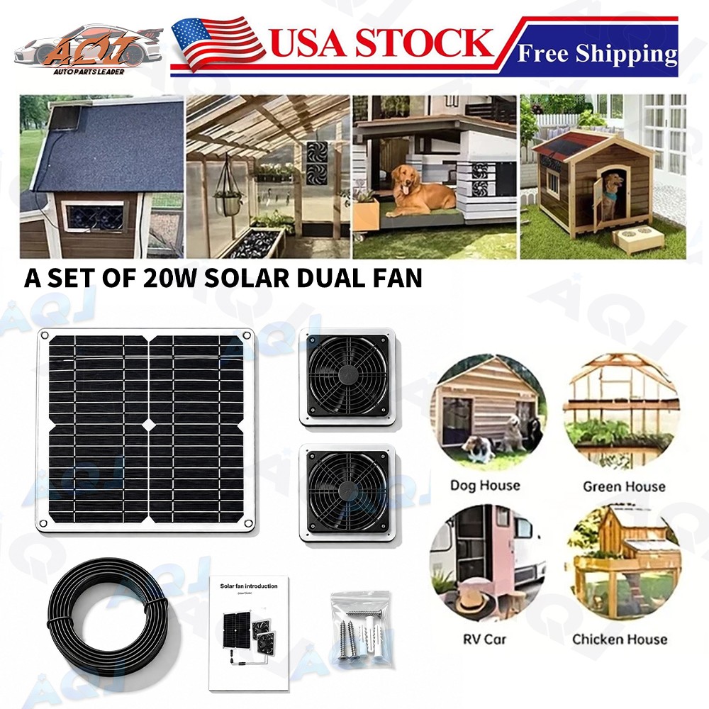 20W Solar Panel Dual Fan Kit Waterproof for Chicken Coop Pet House Ventilation