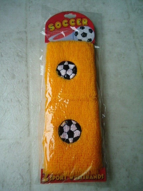 Set of 2 Gold Sports Terry Cloth Wristbands With Embroidered Soccer Ball Logo Ag