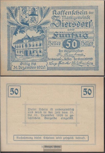 Ziersdorf Notgeld the market town Ziersdorf uncirculated 1920 50 bright