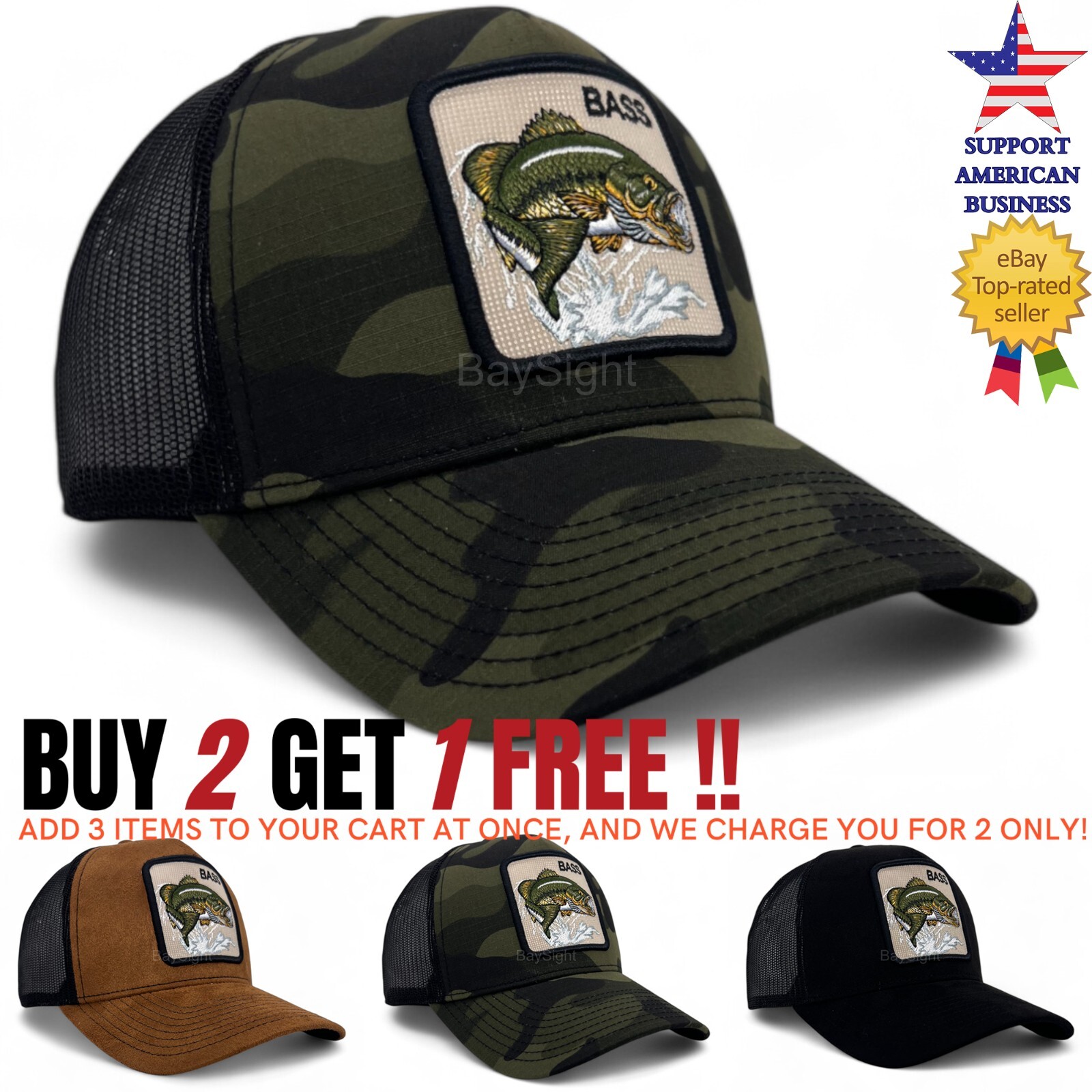 Baseball Cap Mens Snapback Adjustable Mesh Trucker Hat Animal Bass Fishing Patch