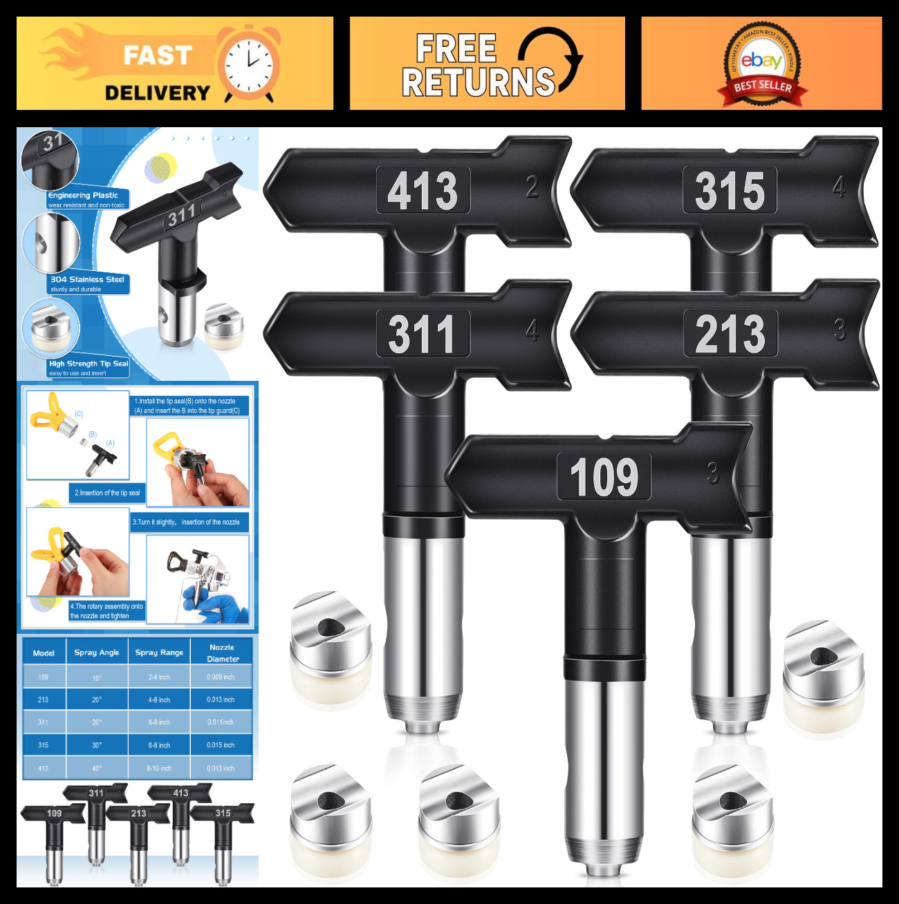 5 Pcs Reversible Airless Spray Tips Set - Tungsten Carbide Nozzles for Paint Spr
