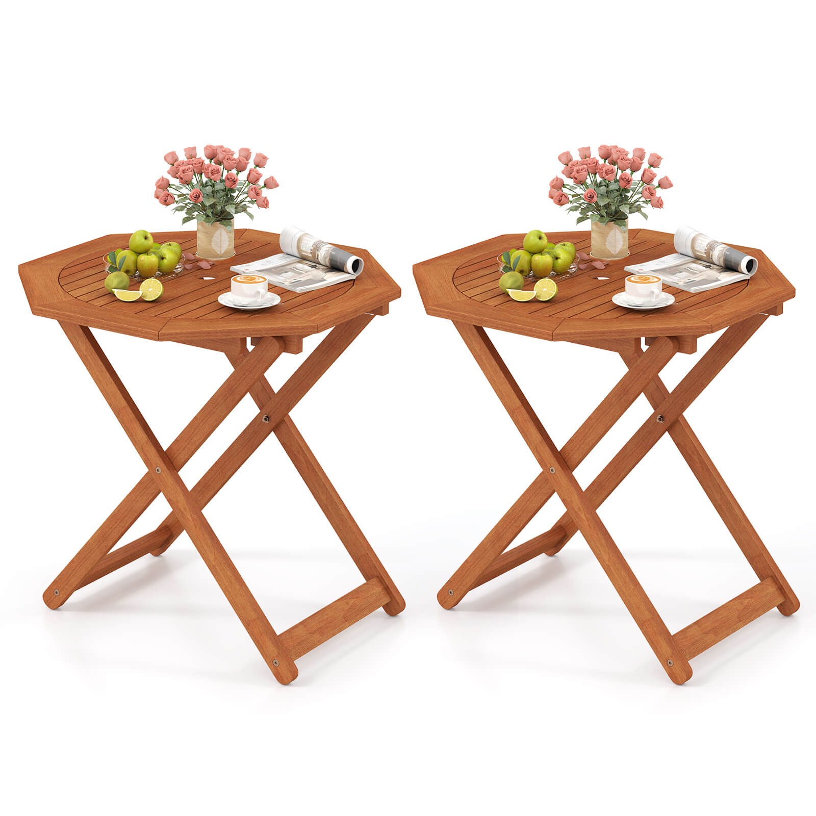 2PCS Outdoor Patio Folding Wood Dining Table for 4 w/2” Umbrella Hole for Garden