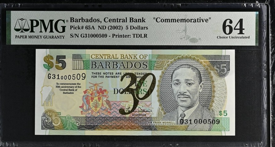 Barbados 5 Dollars ND(2002) P65A UNC - PMG 64 w/folder # 509
