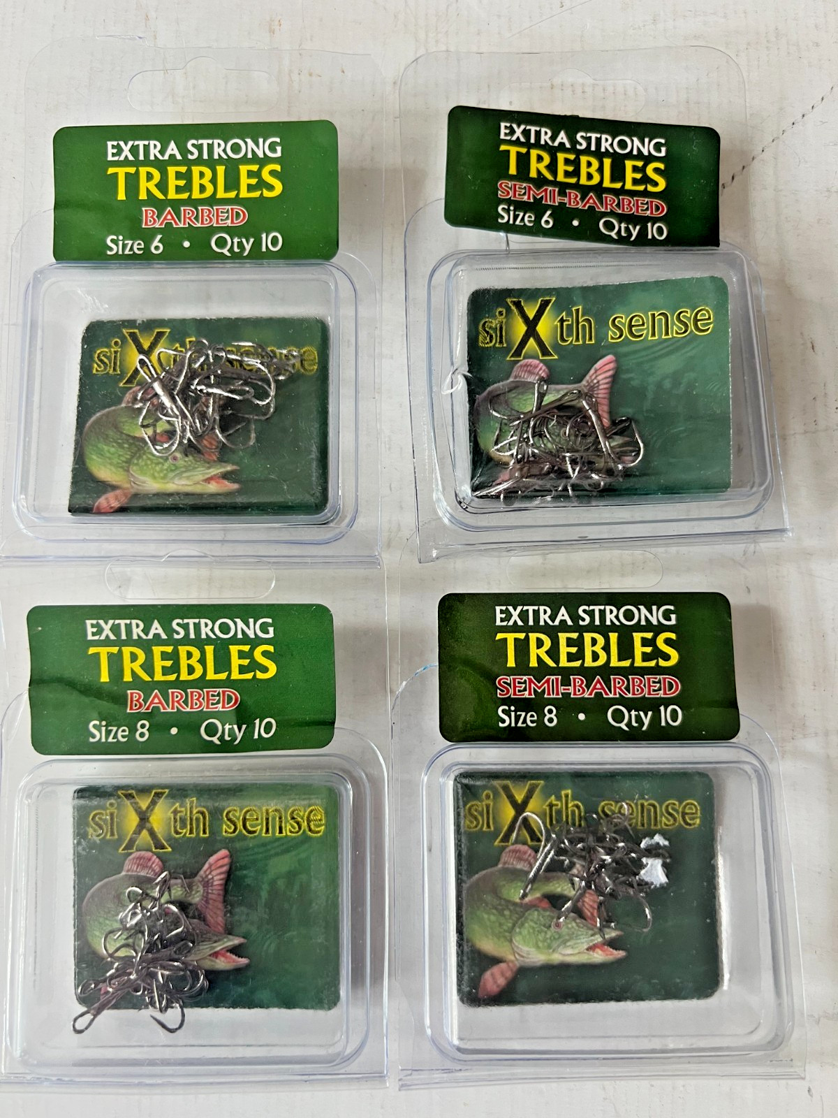 New 4 Packs Sixth Sense Extra Strong Trebles Hooks Size 6 & 8 Barbed & Semi Barb