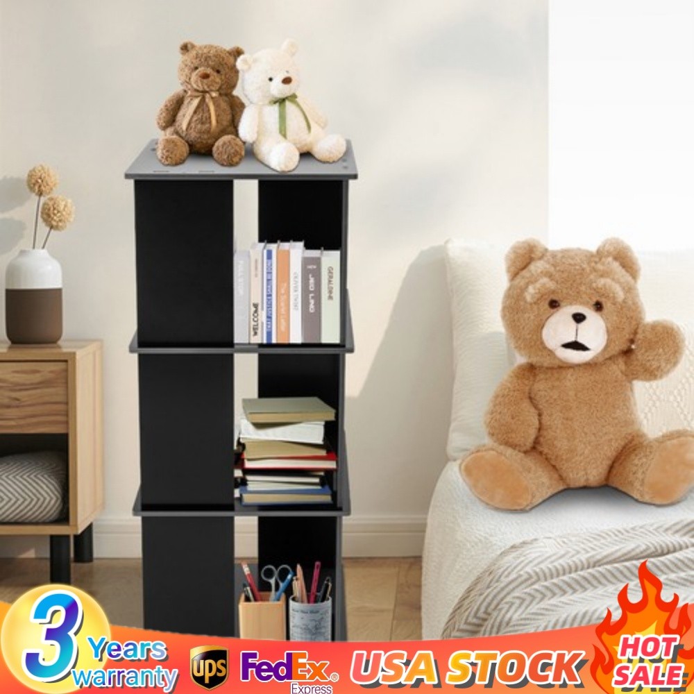 3 layers 360° Rotating Bookshelf Display FreeStanding Wood Bookcase Storage Rack