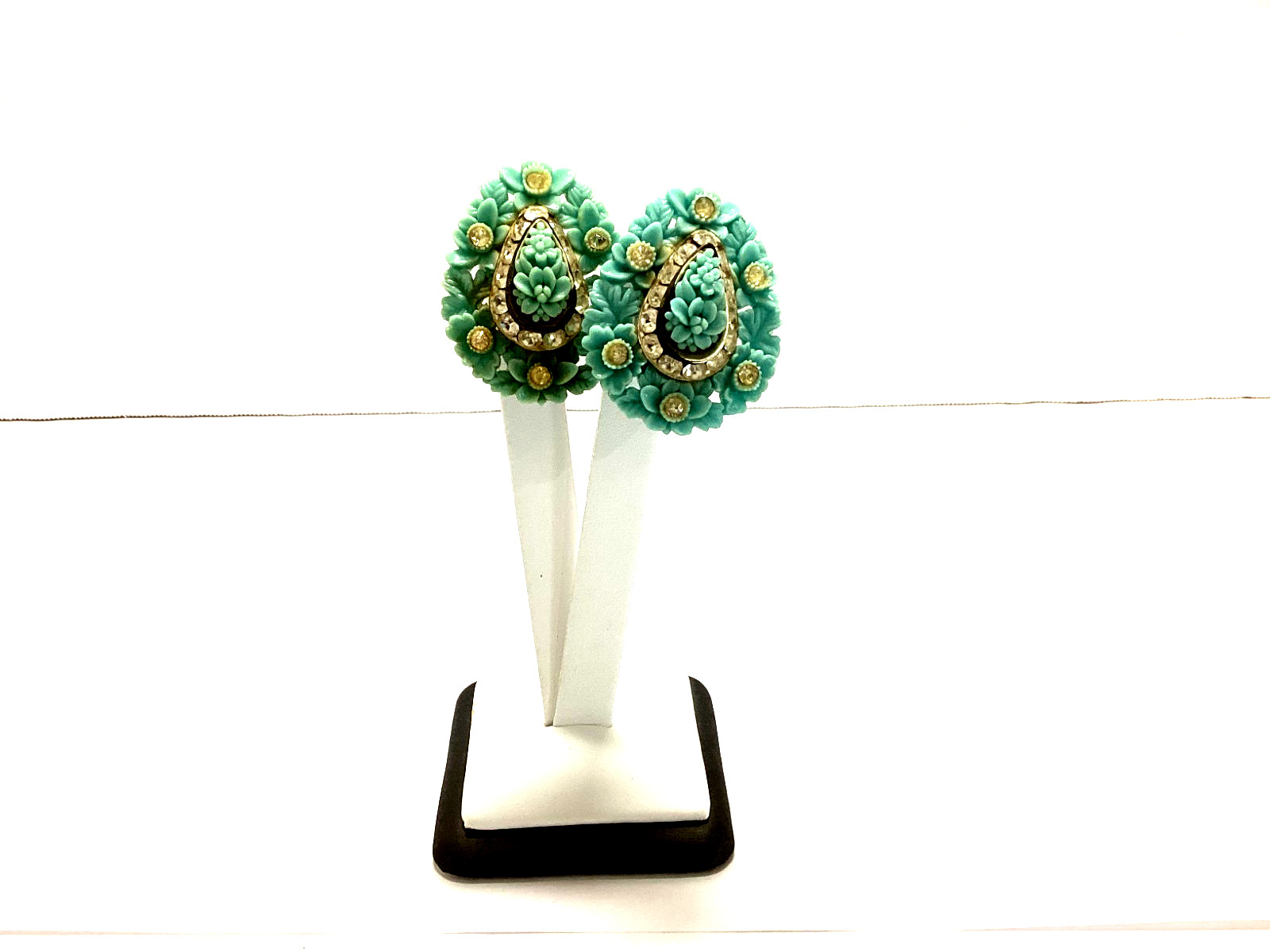 Turquoise Color Plastic Rhinestone Clip On Earrings-Vtg Unsigned