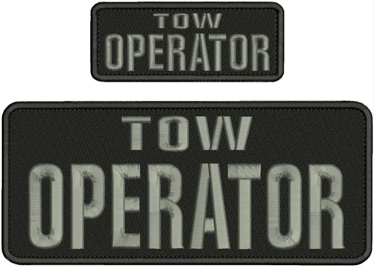 TOW OPERATOR EMBROIDERY PATCH 4X8X & 2X5 HOOK ON BACK GRAY ON BLACK
