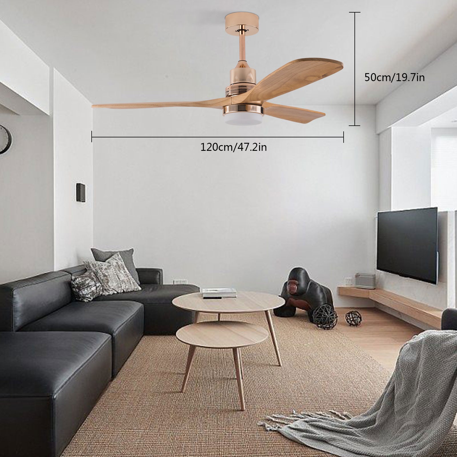 48 Inch Modern Wood Ceiling Fan 3-Blade with LED Light Kit and Remote Control