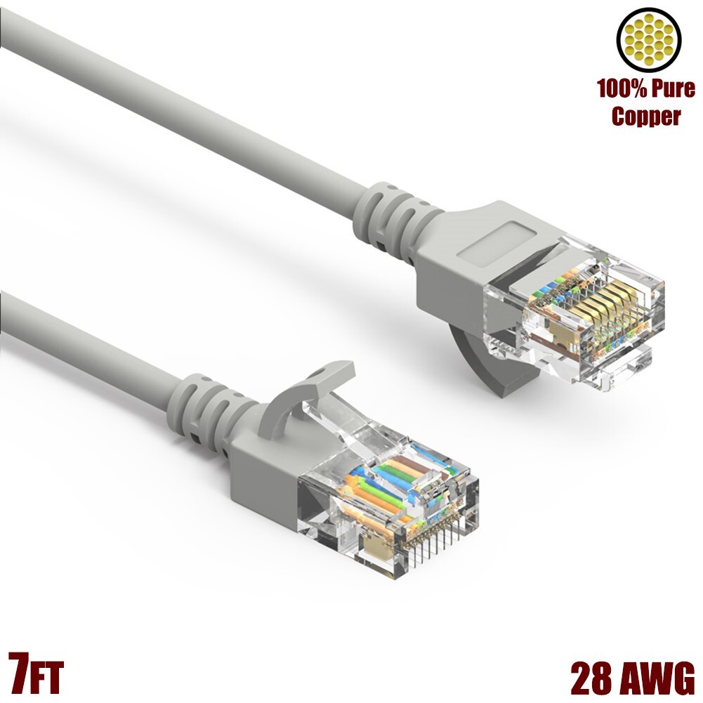 7FT Cat6A RJ45 Slim Ethernet LAN Network Patch Cable UTP Gold 28AWG Copper Gray
