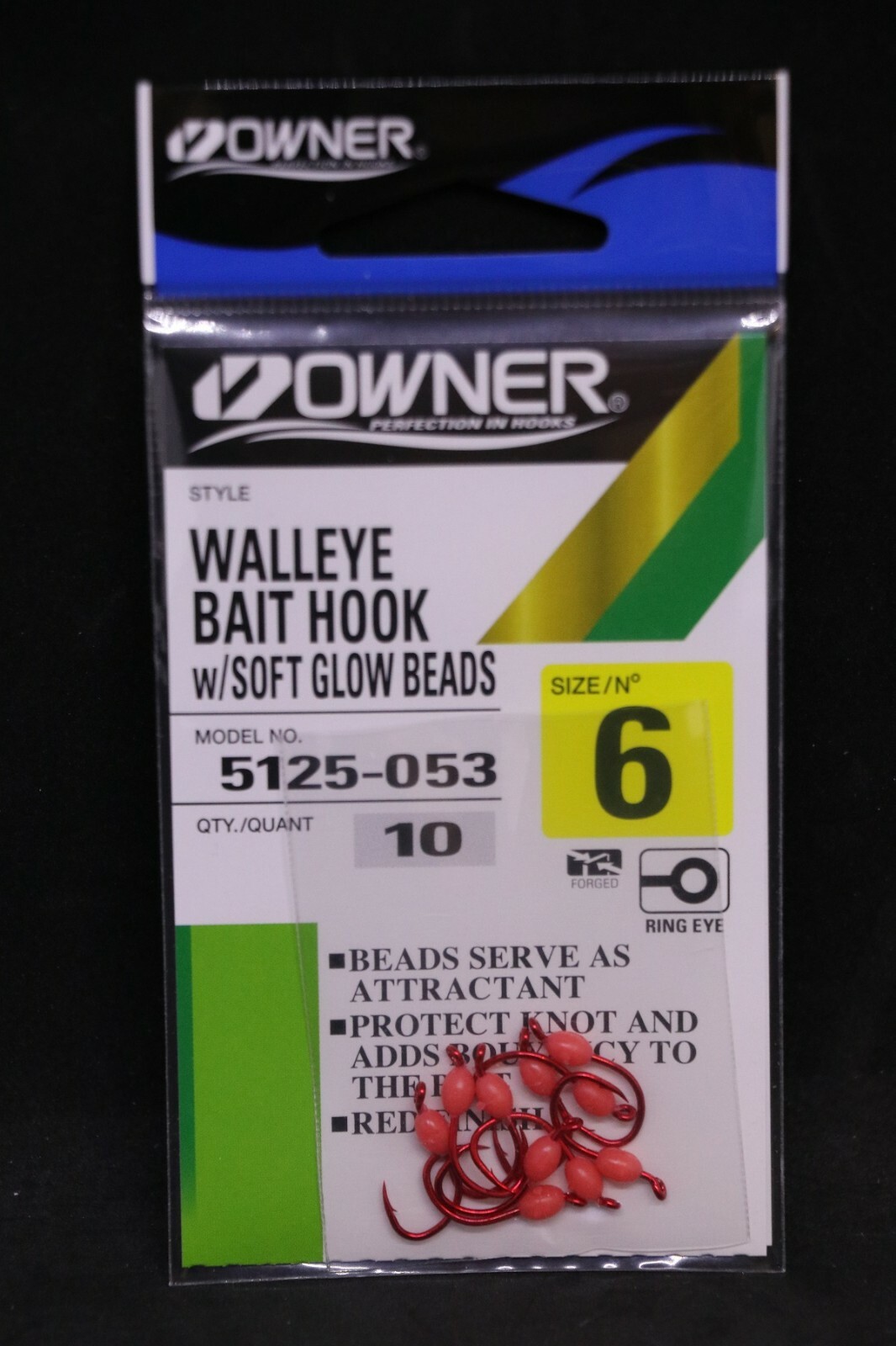 Owner Walleye Bait Hook with Soft Glow Beads - Red - Size 6 - Pack of 10