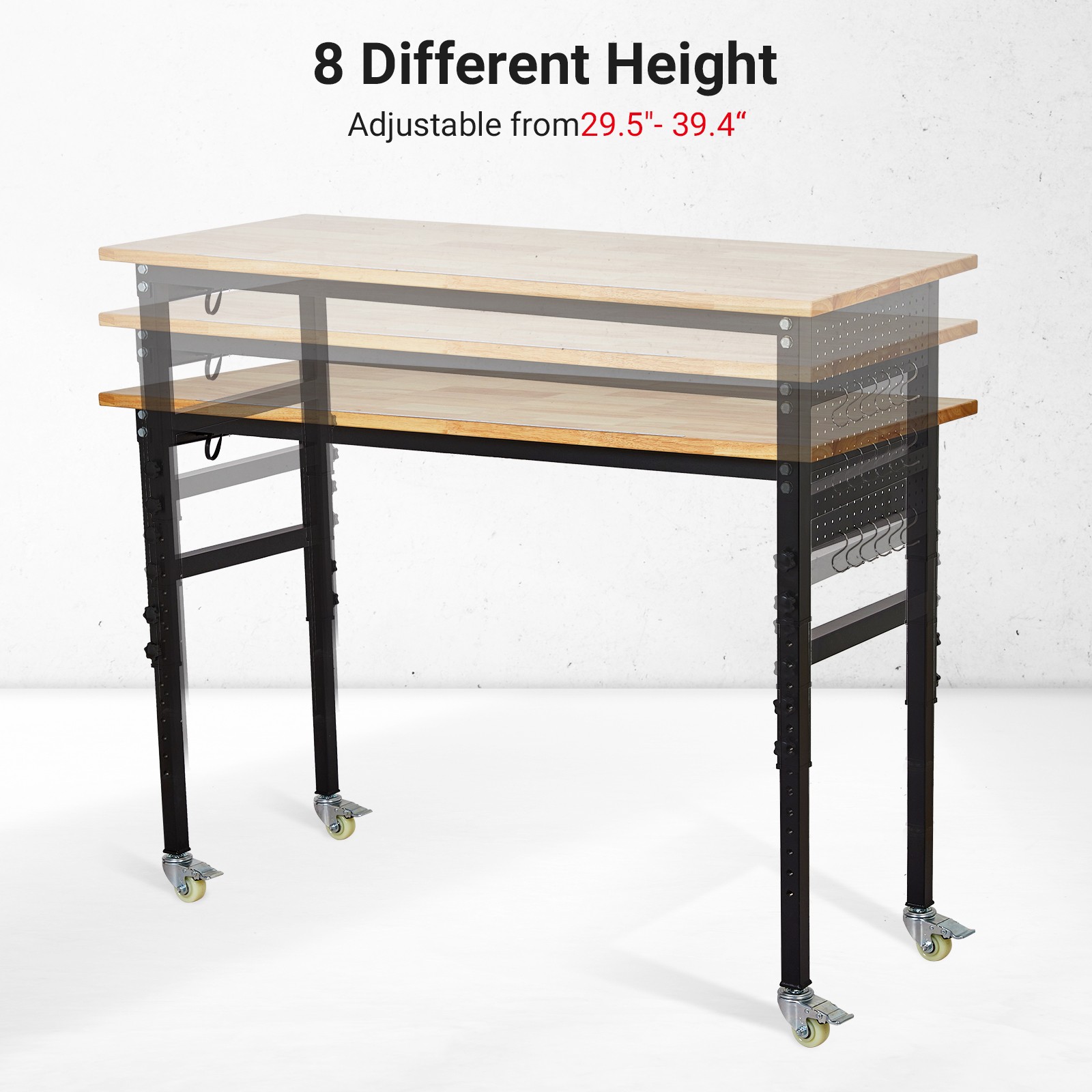48"X24" Adjustable Workbench with Power Outlet & Wheels Rubber Wood Work Table