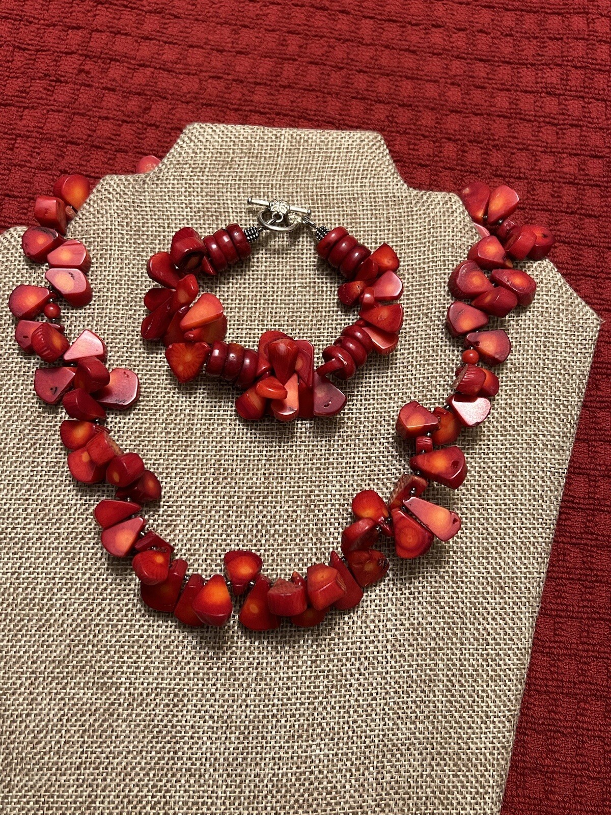 ESTATE CHUNKY RED CORAL NECKLACE 18” & BRACELET 7” SET SILVER TONE SEE LAST PIC