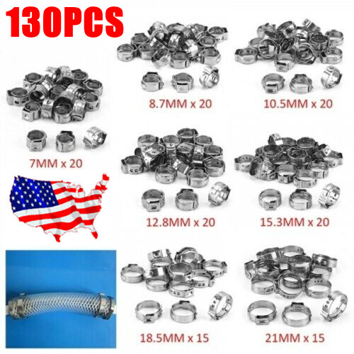 US 130PCS Assortment Diameter 5.8-21mm Stainless Steel Single Ear Stepless Clamp