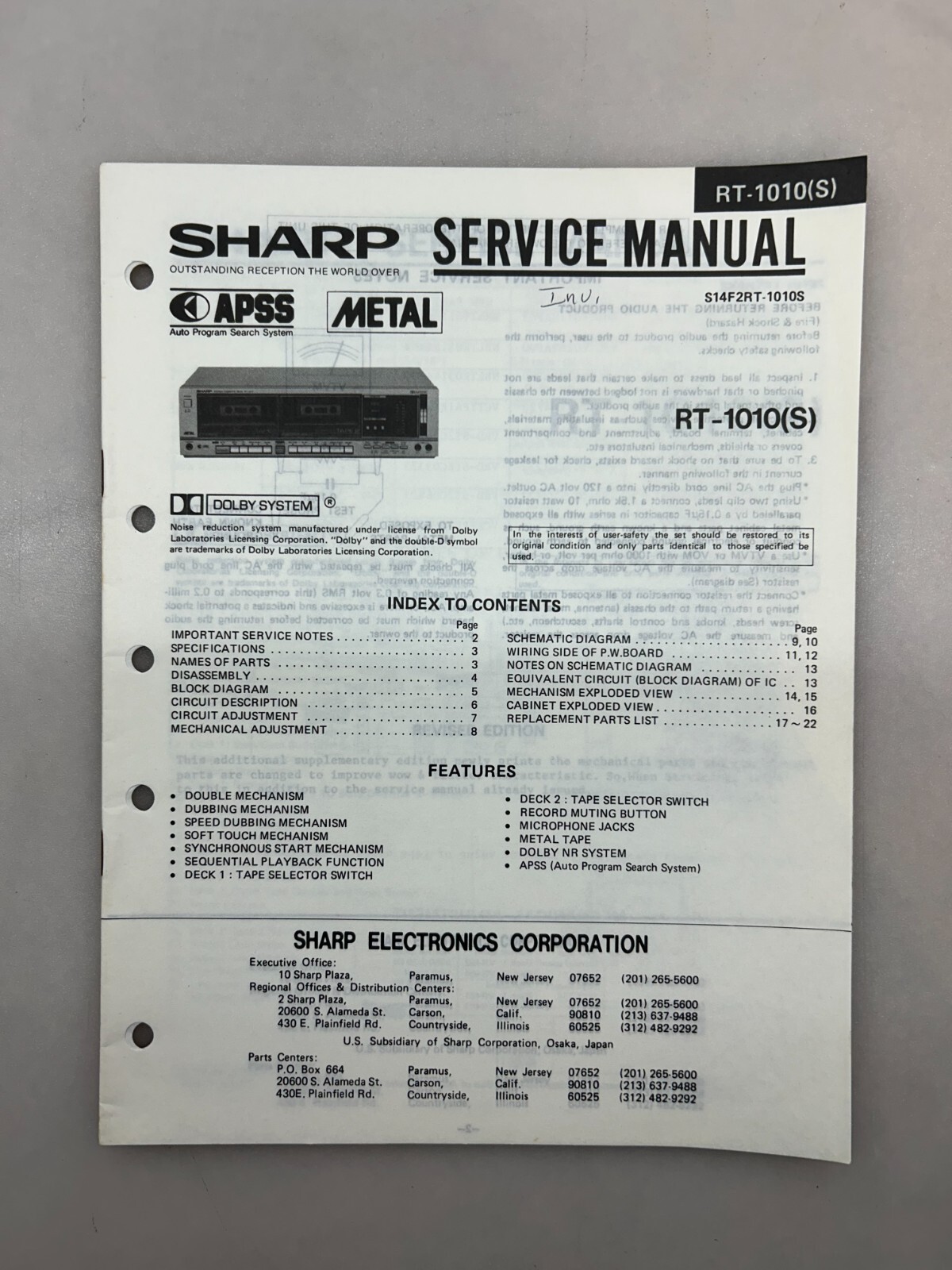 Sharp RT-1010 Original Service Manual Free Shipping