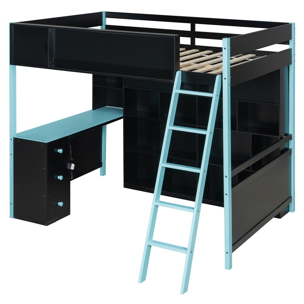 Full Size Wood Loft Bed with Desk, Ample Storage Space and Light Blue Bed Frame