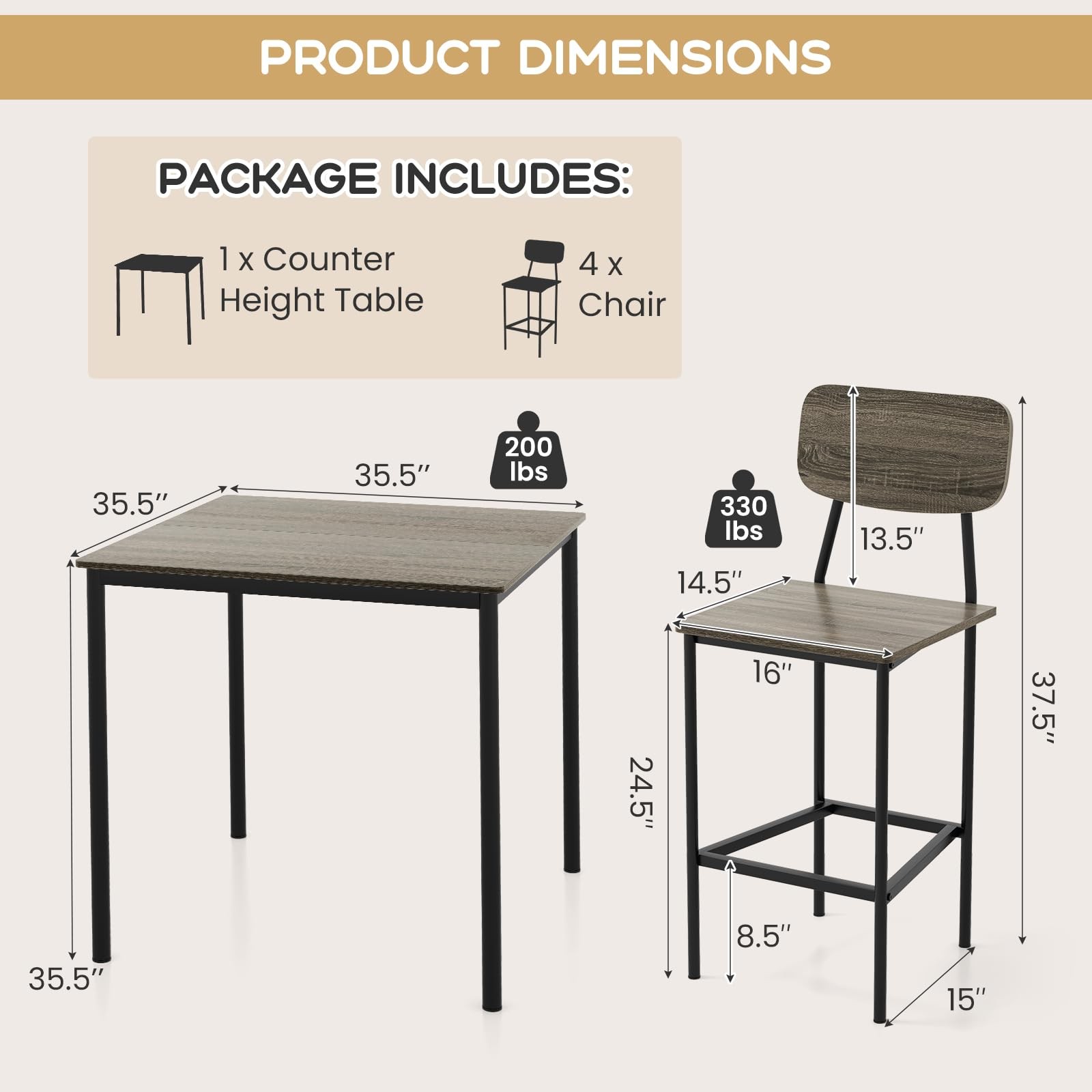 5-Piece Dining Table Set W/Counter Height Table & 4 Bar Stools, Modern Kitche...