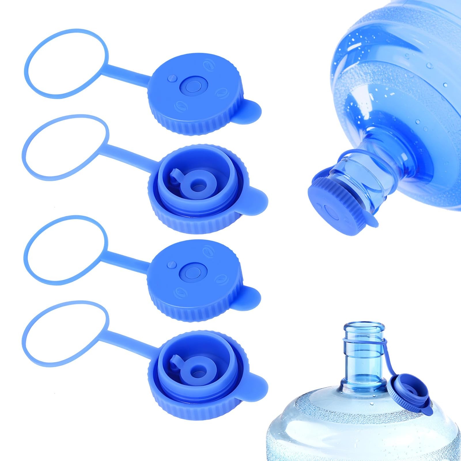 4 Pack Reusable Water Jug Caps for 3 & 5 Gallon Bottles, 55mm FoodGrade Silic...