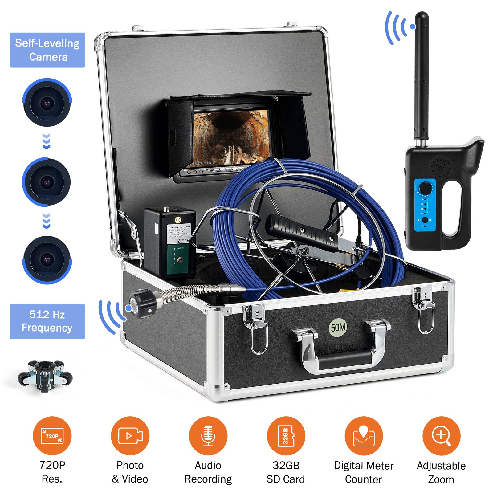 7in Self-Leveling Sewer Camera with Locator 164 ft Cable Digital Length Counter