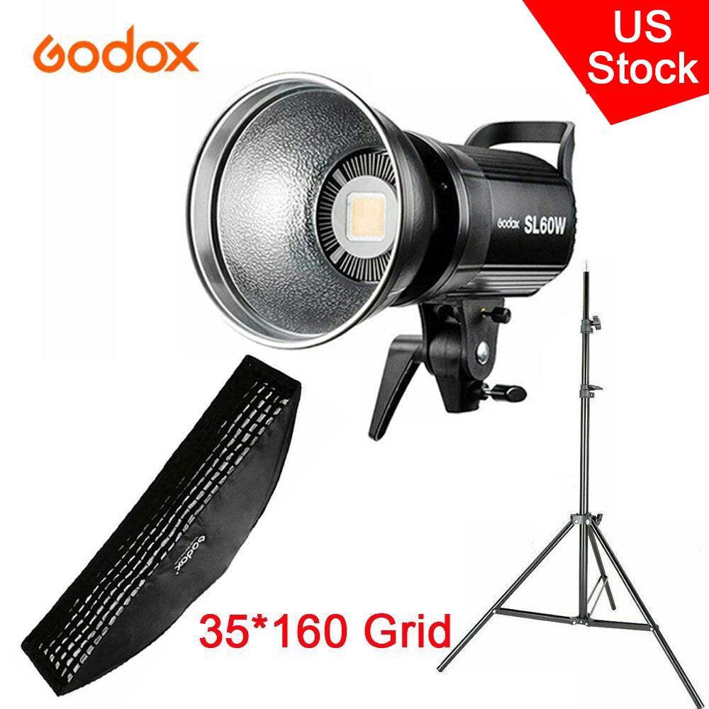 US Godox SL-60W LED Studio Video Light+35*160cm Grid Softbox +2M Light Stand Kit