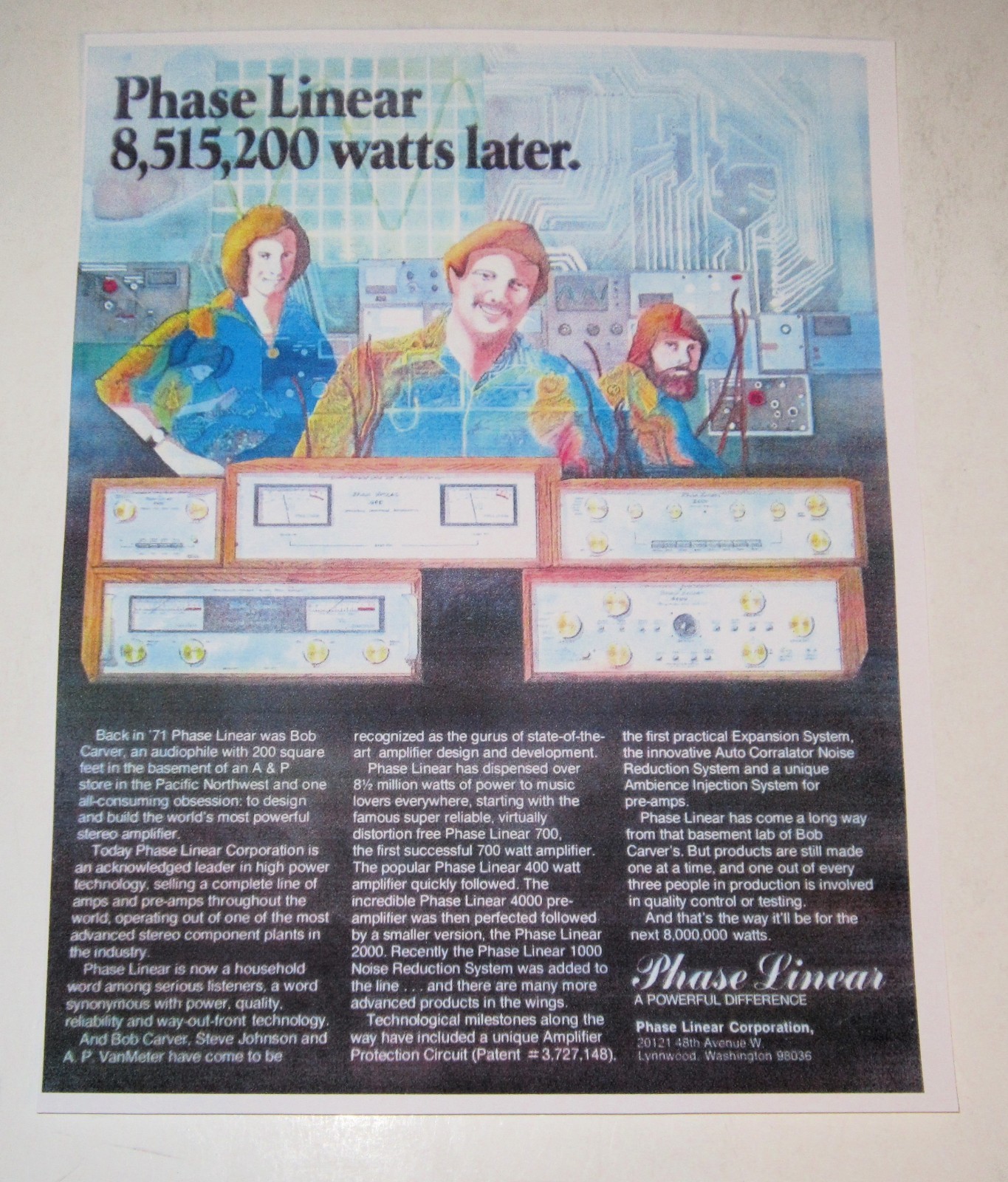 Phase Linear 400, 700B, 4000 Pre/ Amplifier Ad, 1 pg, 1976, Bob Carver Design