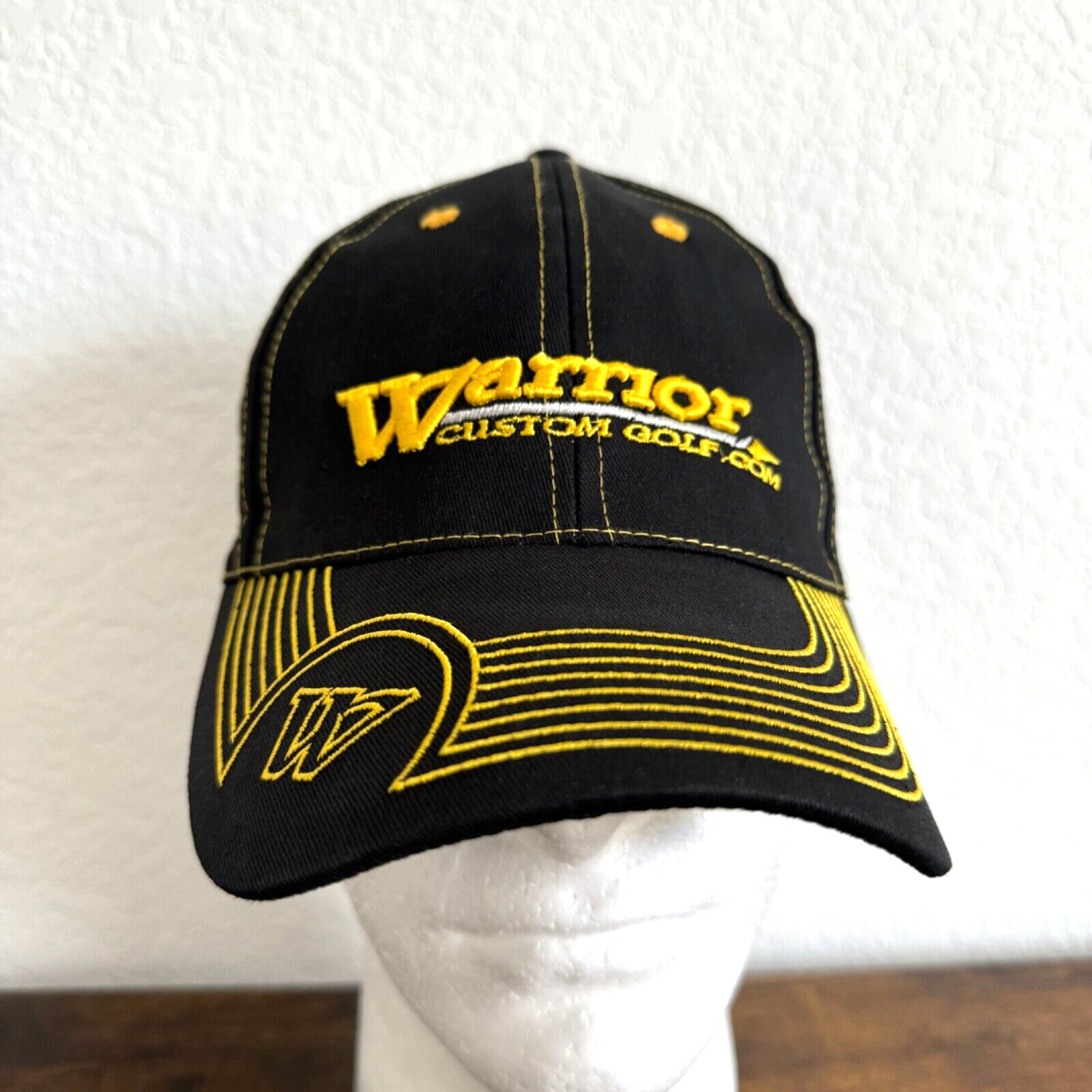 Warrior Custom Golf .com Baseball Hat Cap Stitched Black Yellow Strapback Cotton